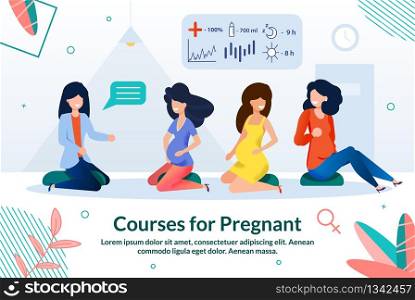 Informative Banner Written Courses for Pregnant. Pregnancy Women are Sitting on Pillows on Floor, Trainer Gives Practical Advice. Belly Mom Learn Maternal Seminar. Maternity Teaching Training.. Informative Banner Courses for Pregnant Woman.