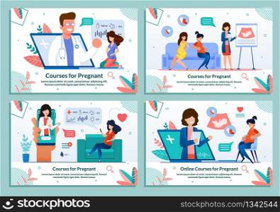 Informative Flat Banner Set Advertising Courses for Pregnant. Maternity Classes Promotion. Parenting and Motherhood Support. Doctor Advises Application for Computer and Mobile. Vector Illustration. Flat Banner Set Advertising Courses for Pregnant