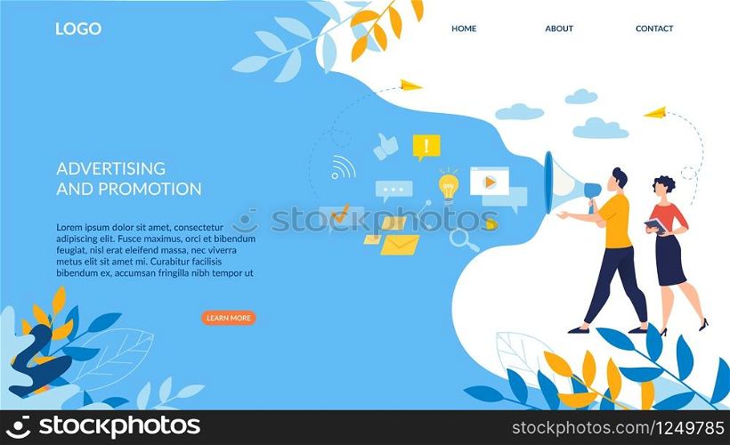 Informative Flyer Advertising and Promotion Flat. Banner Strategic Line Office Team Solving Different Things. Guy with Girl Notifies Information with Loudspeaker. Vector Illustration.