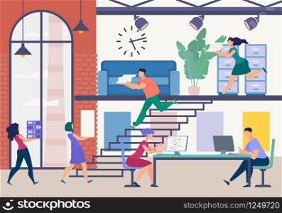 Informative Flyer Archiving Documentation Flat. Good Working Capacity Office Staff. Guy and Girl are Running Upstairs with Documents. Women Carry Folders around Office. Vector Illustration.