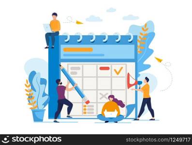 Informative Flyer Daily Business Planning Flat. Banner People Celebrate Important Events on Big Calendar. Poster Guy with Loudspeaker Directs Process, Cartoon. Vector Illustration.