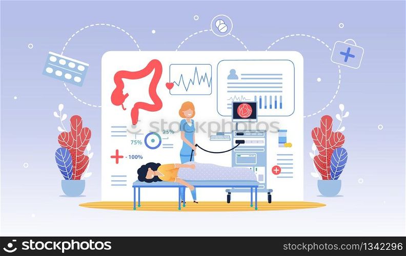 Informative Flyer Hydro Colonoscopy Cartoon Flat. Regular Visit to Doctor Prolongs Healthy Period Life. Woman is Being Examined in Clinic, Nurse is Standing Nearby. Vector Illustration.