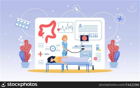 Informative Flyer Hydro Colonoscopy Cartoon Flat. Regular Visit to Doctor Prolongs Healthy Period Life. Woman is Being Examined in Clinic, Nurse is Standing Nearby. Vector Illustration.