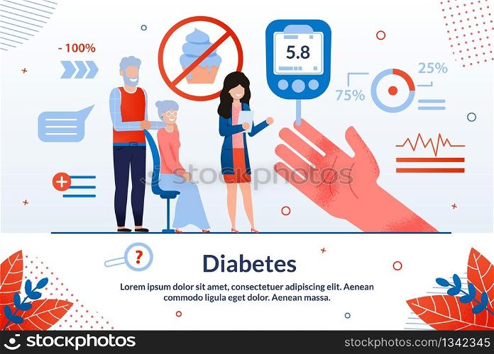Informative Flyer Inscription Diabetes Cartoon. Medical Methods Using Characteristic Biochemical Features Studied Organism. Mature Husband and Wife Take Sugar Test in Laboratory Flat.