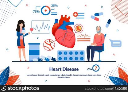Informative Flyer Inscription Heart Disease Flat. Detailed Study Structure and Functioning Organs and Systems. An Elderly Man Examines Heart in Doctors Office, Selecting Medicines.. Informative Flyer Inscription Heart Disease Flat.