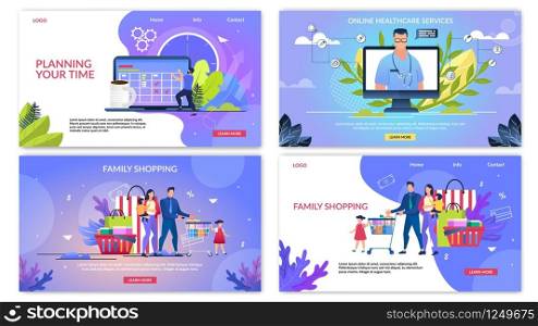 Informative Flyer Inscription Planning Your Time. Poster Written Online Healthcare Service, Family Shopping. Happy Parents With Children Shopping in Supermarket. Vector Illustration.