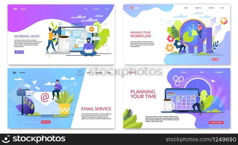 Informative Flyer Inscription Planning Your Time. Set Banner is Written Morning News, Email Service, Manage Your Workflow. Daily Work in Computer Field. Man makes News Feed. Vector Illustration.