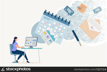 Informative Flyer Online Document Management. Trendy Poster Conceptual Idea Annual Planning Goals and Objectives. Banner Woman Sits at Table and Looks at Glider. Vector Illustration.