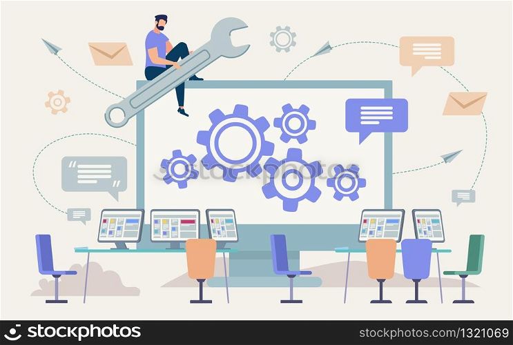 Informative Flyer Repair Work and Setup Flat. Conceptual Idea Setting up Shared Network Access. Banner Man Sits on Computer Screen with Wrench and Adjusts Gears. Vector Illustration.