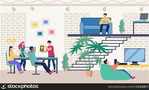 Informative Flyer Search for Promising Idea Flat. Professional Design in Office. Common Space Large Open Office. Zoned Office Space. Guy is Resting Playing Console. Vector Illustration.