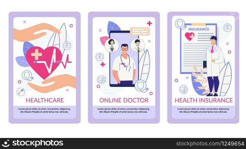 Informative Flyer Written Health Insurance Flat. Banner Set Inscription Online Doctor Healthcare Cartoon. Nlose-up Smartphone with App for Access to Clinic Patient Card. Vector Illustration.