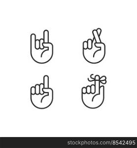 Informative hand gestures pixel perfect linear icons set. Non verbal message. Body language signals. Customizable thin line symbols. Isolated vector outline illustrations. Editable stroke. Informative hand gestures pixel perfect linear icons set