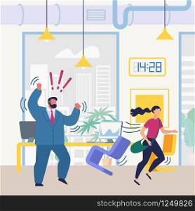 Informative Poster Boss Annoyance Cartoon Flat. Termination Labor Relations between Employee and Employer. Girl Runs from Office Chief. Banner Man in Suit is Angry. Vector Illustration.