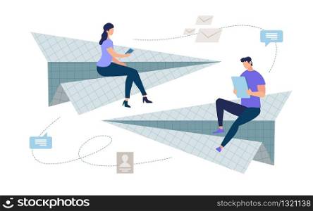 Informative Poster Easy Messaging Cartoon Flat. Banner Conceptual Idea Easy Relationship Man and Woman. Bright Flyer People Messaging Sitting on Paper Airplanes. Vector Illustration.