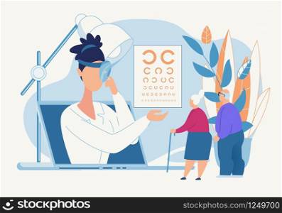 Informative Poster Eye Diagnosis by an Oculist. Selection Glasses for Poorly Seeing People Female Doctor Helps Elderly Patients. Successful Selection Lenses and Glasses for Eyes Cartoon.