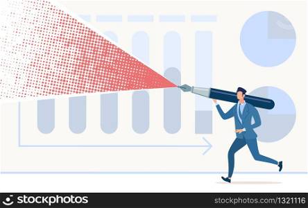 Informative Poster Ink for Filling Pens Cartoon. Conceptual Idea Man and Routine Work. Man in Business Suit Runs among Graphs and Indicators with Large Ink Pen. Vector Illustration.
