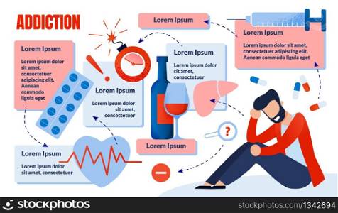 Informative Poster Inscription Addiction Problem. Man in Casual Clothes Sits on Floor and Sadly Bowed his Head against Background Bottle Alcohol and Drugs Cartoon. Vector Illustration.. Informative Poster Inscription Addiction Problem.