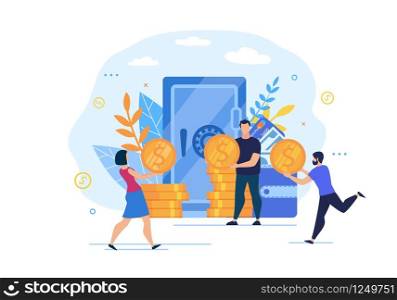 Informative Poster Investment Fund Cartoon Flat. Placement Capital for Profit. People With Gold Coins are in Hurry to Approach Man who is Standing by Large Safe. Vector Illustration.