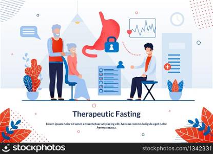 Informative Poster is Written Therapeutic Fasting. Physical Activity and Dynamic Practices. Senior Couple Sitting at Doctors Appointment. Doctor is Diagnosing. Vector Illustration.