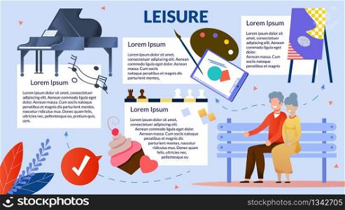 Informative Poster Married Couple Chooses Leisure. Husband and Wife are Sitting on Bench against Background Piano and Chessboard. People are Interested in Painting and Pastry. Vector Illustration.