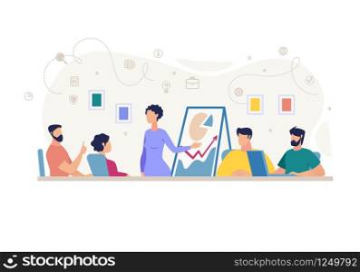 Informative Poster Meeting Report Cartoon Flat. Flyer Expressive Manager Conveys Idea yo Customers. Banner Woman Giving Presentation to Office Staff Using Chart. Vector Illustration.