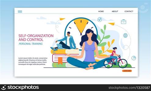 Informative Poster Self-organization and Control. Personal Training. Girl Meditates Sitting on Floor. Guy is Sitting on Big Books on Background Large Dial, next to Woman is Riding Bicycle.