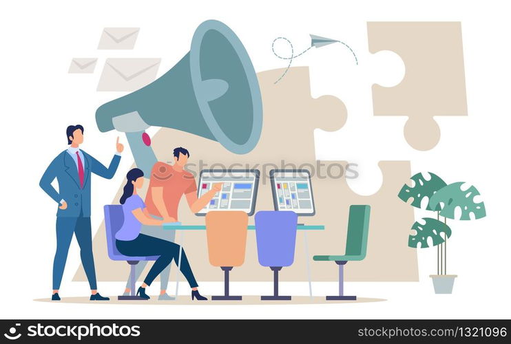 Informative Poster Team Management Cartoon Flat. Banner Chief in Business Suit Addresses his Subordinates Through Loudspeaker. Flyer People Sit at Table and Work. Vector Illustration.