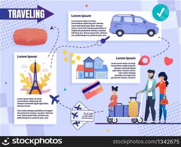 Informative Poster Traveling Family with Child. Married Couple with Child Carry Things on Cart to Airport Terminal. Girl Sitting on Suitcases. Husband and Wife have Developed Trip Plan.