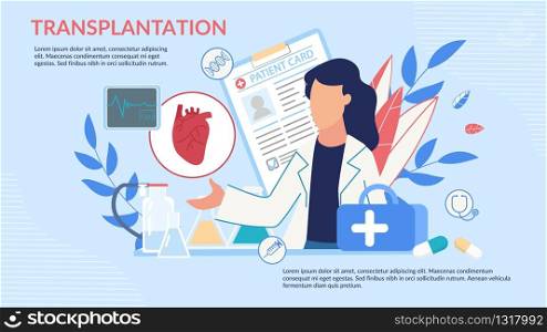 Informative Poster with Carton Female Doctor Character Offering Heart Transplantation. Donor Human Internal Organ, Medical Case, Patient Card. Medication Solution. Vector Flat Illustration. Informative Poster Offering Heart Transplantation
