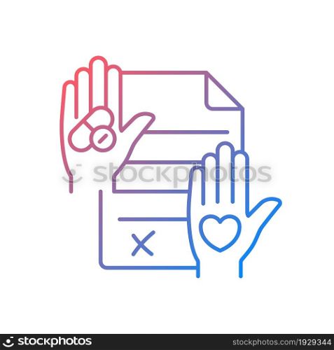 Informed consent gradient linear vector icon. Research ethics. Requirement for clinical trials. Health literacy. Thin line color symbol. Modern style pictogram. Vector isolated outline drawing. Informed consent gradient linear vector icon