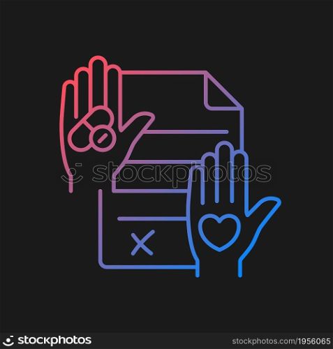 Informed consent gradient vector icon for dark theme. Research ethics. Requirement for clinical trials. Health literacy. Thin line color symbol. Modern style pictogram. Vector isolated outline drawing. Informed consent gradient vector icon for dark theme