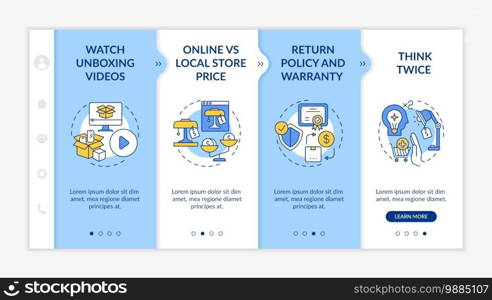 Informed shopper advices onboarding vector template. Return policy, warranty. Thinking twice. Responsive mobile website with icons. Webpage walkthrough step screens. RGB color concept. Informed shopper advices onboarding vector template