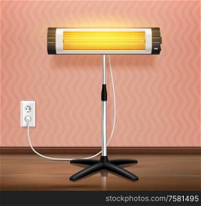 Infrared heater waves realistic composition with indoor view and heater mounted on floor stand with plug vector illustration