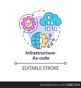 Infrastructure-as-code concept icon. Cyber technology. Tech macro trends abstract idea thin line illustration. Isolated outline drawing. Editable stroke. Arial, Myriad Pro-Bold fonts used. Infrastructure-as-code concept icon