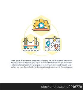 Infrastructure construction concept icon with text. Roads, bridges and railways. Designing and building. PPT page vector template. Brochure, magazine, booklet design element with linear illustrations. Infrastructure construction concept icon with text
