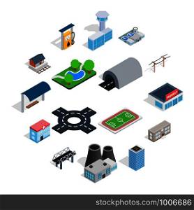 Infrastructure icons set in isometric 3d style. City set collection isolated vector illustration. Infrastructure icons set, isometric 3d style