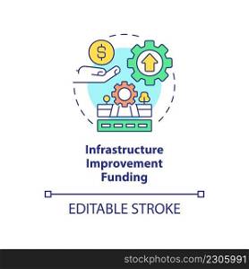 Infrastructure improvement funding concept icon. Helping program for startup growth abstract idea thin line illustration. Isolated outline drawing. Editable stroke. Arial, Myriad Pro-Bold fonts used. Infrastructure improvement funding concept icon
