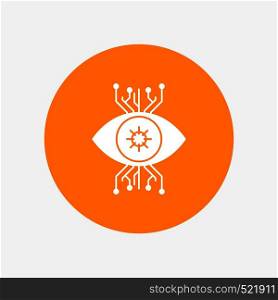 Infrastructure, monitoring, surveillance, vision, eye White Glyph Icon in Circle. Vector Button illustration. Vector EPS10 Abstract Template background