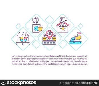 Infrastructure services concept icon with text. Electricity, water, sewage and communications utilities. PPT page vector template. Brochure, magazine, booklet design element with linear illustrations. Infrastructure services concept icon with text