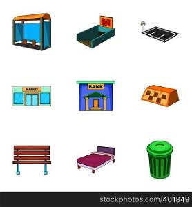 Infrastucture of the city icons set. Cartoon illustration of 9 infrastucture of the city vector icons for web. Infrastucture of the city icons set, cartoon style