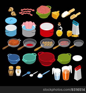 Ingredients and utensils set isometry. Grater and colander. Pan and saucepan. Cheese and chicken. Bacon and mushrooms. Set for cooking
