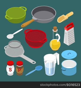 Ingredients and utensils set isometry. Grater and colander. Pan and saucepan. Cheese and chicken. Bacon and mushrooms. Set for cooking 