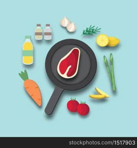 Ingredients of Fish Steak. Paper art object style for background.