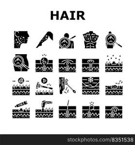 Ingrown Hair Problem Treatment Icons Set Vector. Ingrown Hair Shaving Depilation With Laser Electronic Device, Researching Treat With Healthy Cream Or Epilation Glyph Pictograms Black Illustrations. Ingrown Hair Problem Treatment Icons Set Vector
