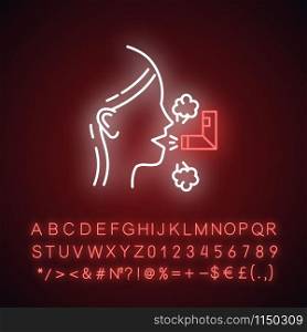 Inhalation neon light icon. Respiratory illness treatment. Asthma help. Sick girl with sprayer. Healthcare. Common cold. Glowing sign with alphabet, numbers and symbols. Vector isolated illustration