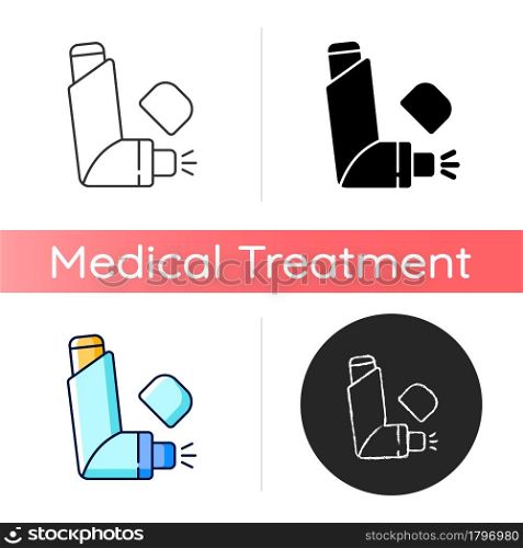 Inhaler icon. Allergy spray. Preventing asthma attacks. Deliver medication to lungs, airways. Portable medical device. Easing breath. Linear black and RGB color styles. Isolated vector illustrations. Inhaler icon