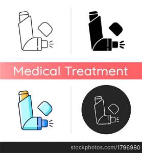 Inhaler icon. Allergy spray. Preventing asthma attacks. Deliver medication to lungs, airways. Portable medical device. Easing breath. Linear black and RGB color styles. Isolated vector illustrations. Inhaler icon