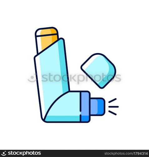 Inhaler RGB color icon. Allergy spray. Preventing asthma attacks. Deliver medication to lungs, airways. Portable medical device. Easing breath. Isolated vector illustration. Simple filled line drawing. Inhaler RGB color icon
