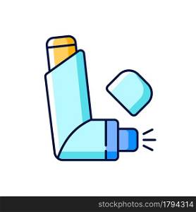 Inhaler RGB color icon. Allergy spray. Preventing asthma attacks. Deliver medication to lungs, airways. Portable medical device. Easing breath. Isolated vector illustration. Simple filled line drawing. Inhaler RGB color icon