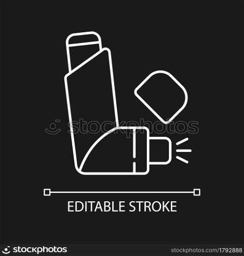 Inhaler white linear icon for dark theme. Preventing asthma attacks. Deliver medication to lungs. Thin line customizable illustration. Isolated vector contour symbol for night mode. Editable stroke. Inhaler white linear icon for dark theme